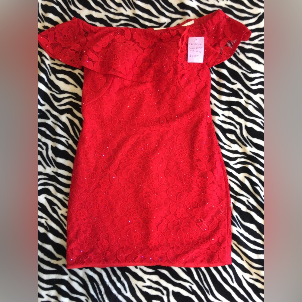 red lace sparkly off the shoulder homecoming/prom/special event dress